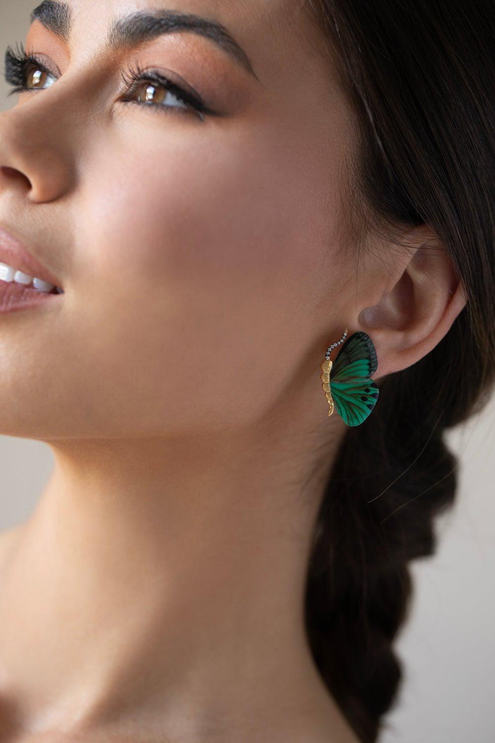 SILVIA FURMANOVICH-Marquetry Butterfly Earrings - Green-YELLOW GOLD