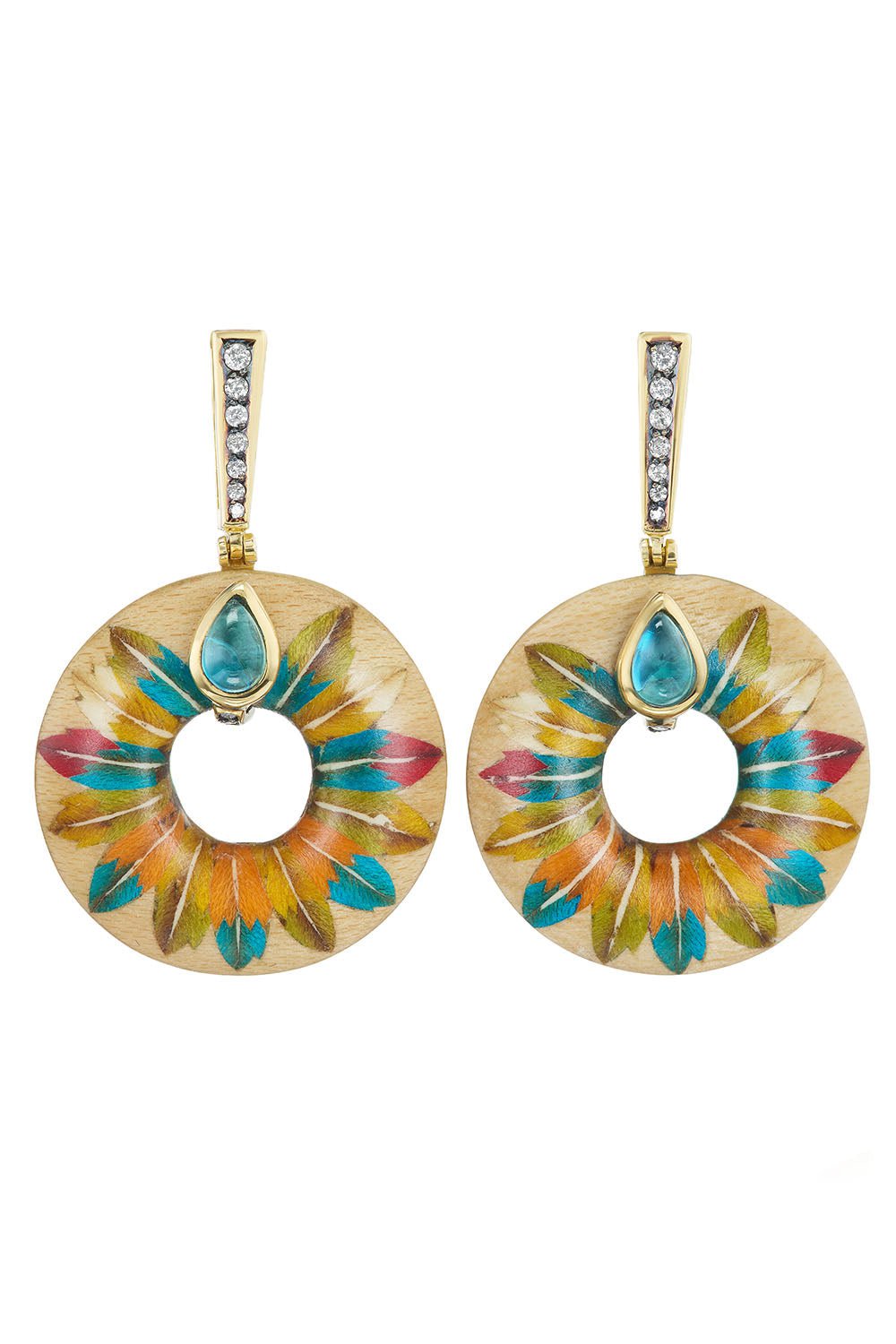 SILVIA FURMANOVICH-Marquetry Feather Disc Earrings-YELLOW GOLD