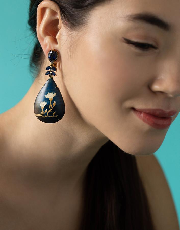 SILVIA FURMANOVICH-Marquetry Mangolia Sapphire Earrings-YELLOW GOLD