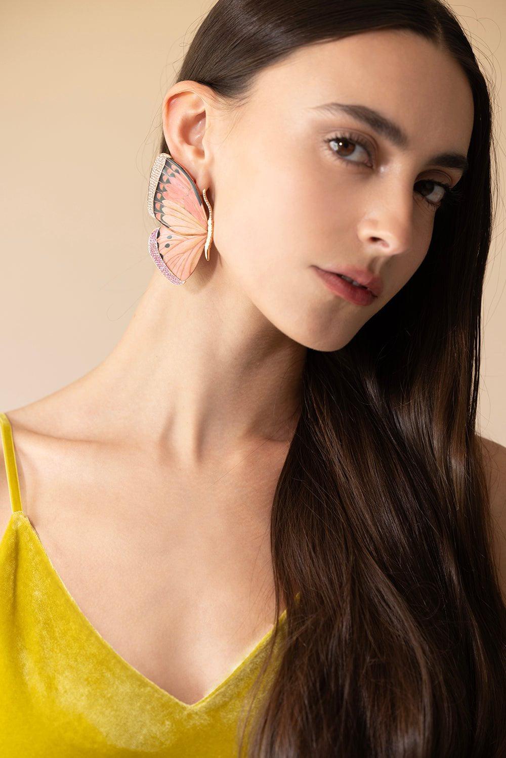 SILVIA FURMANOVICH-Marquetry Pink Black Butterfly Earrings-YELLOW GOLD