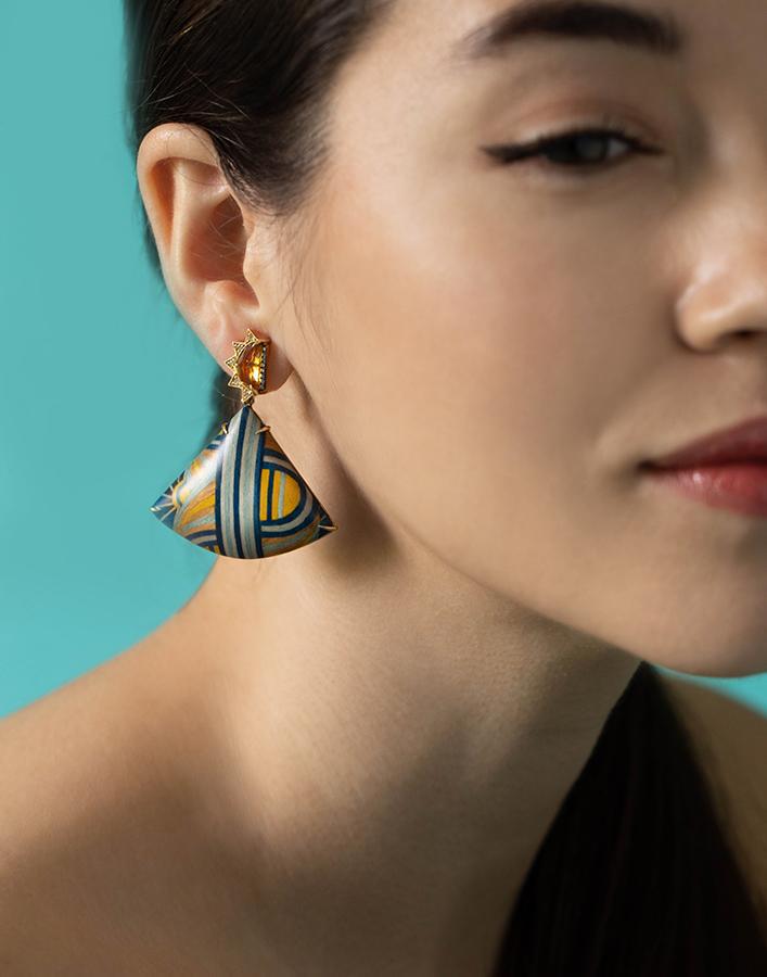 SILVIA FURMANOVICH-Obi Marquetry Blue and Yellow Fan Earrings-YELLOW GOLD