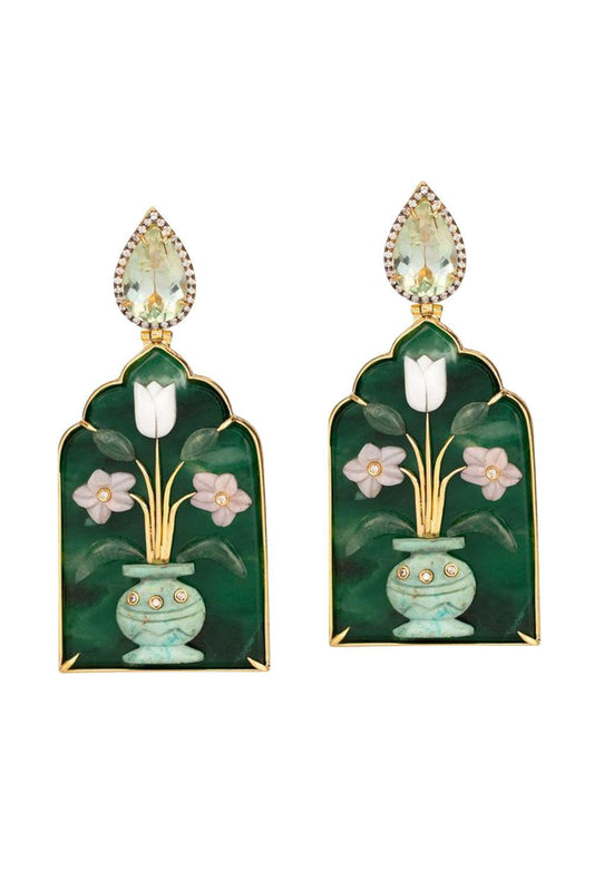 Pearl Malachite Flower Vase Windo Earrings-YELLOW GOLD-JEWELRYFINE JEWELEARRING-SILVIA FURMANOVICH