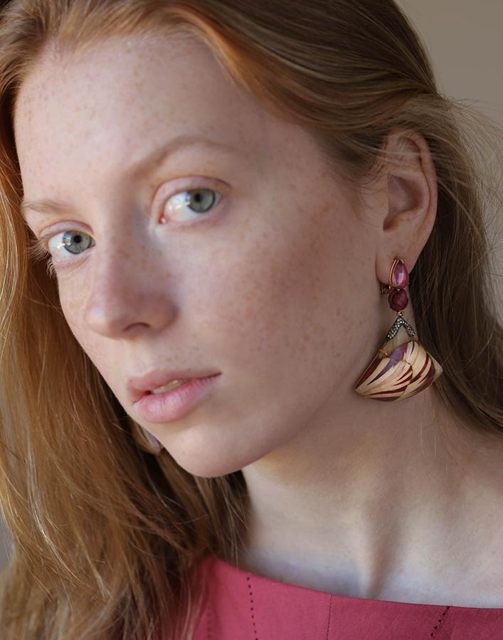 SILVIA FURMANOVICH-Pink Bamboo Marquetry Knot Earrings-YELLOW GOLD