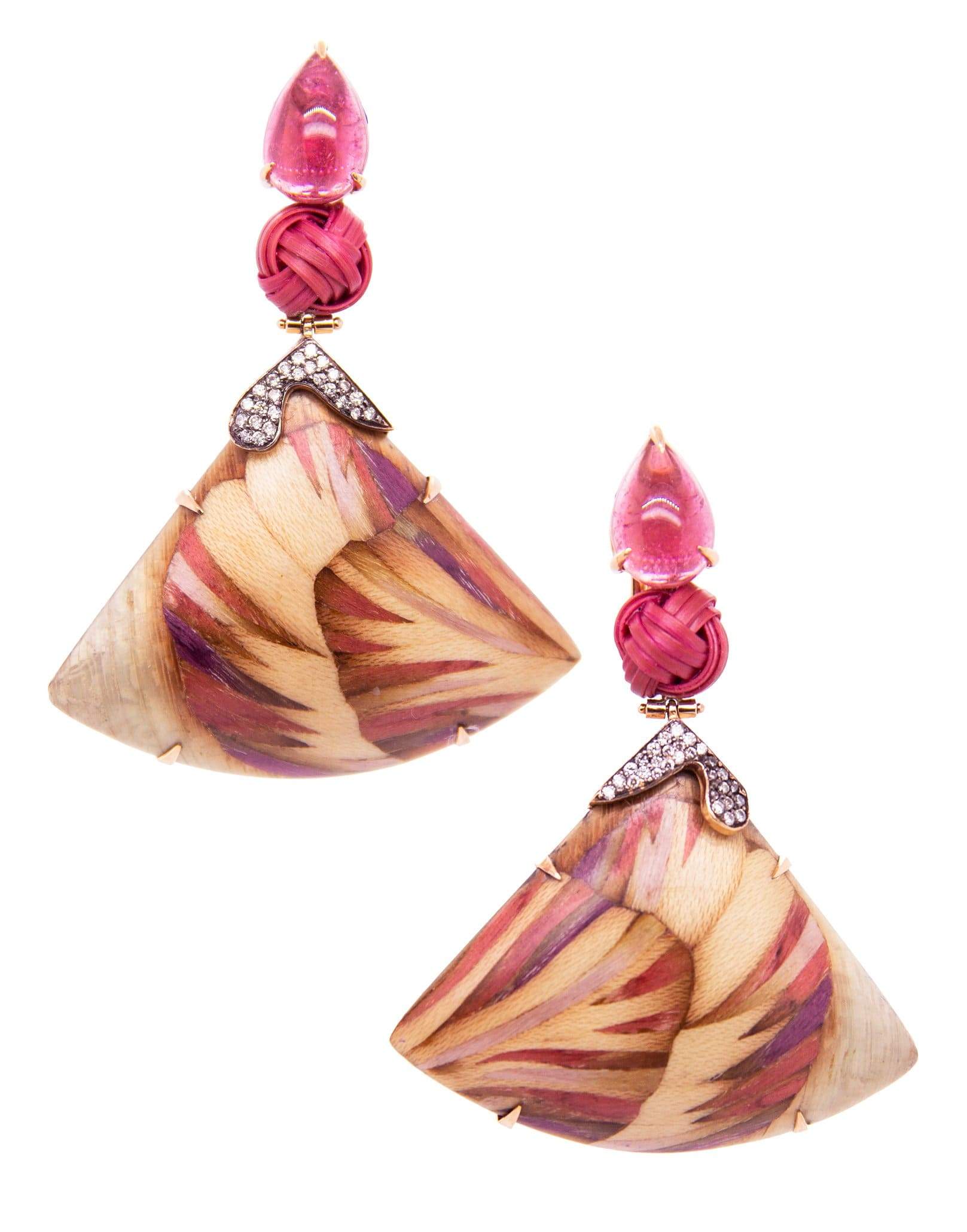 SILVIA FURMANOVICH-Pink Bamboo Marquetry Knot Earrings-YELLOW GOLD