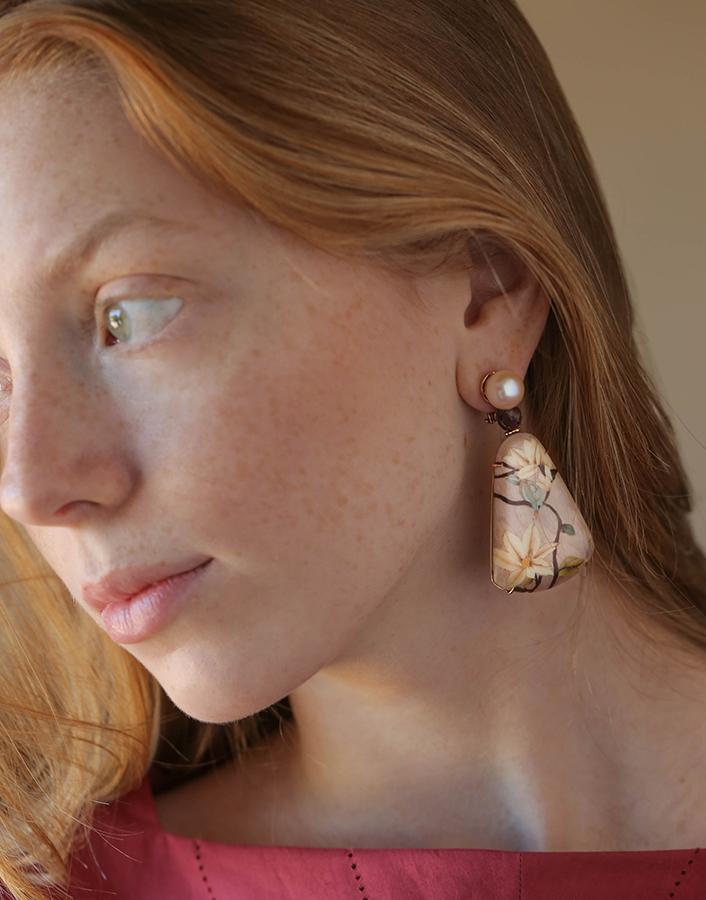 SILVIA FURMANOVICH-Pink Pearl Bamboo Marquetry Earrings-YELLOW GOLD