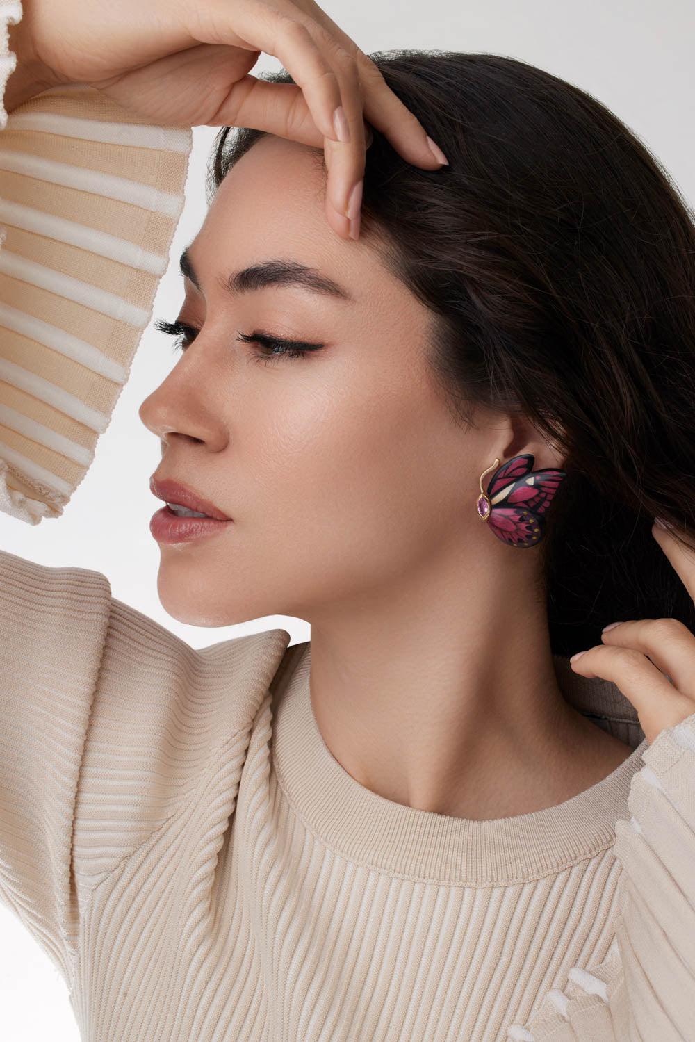 Pink Sapphire Butterfly Marquetry Earrings-YELLOW GOLD-JEWELRYFINE JEWELEARRING-SILVIA FURMANOVICH