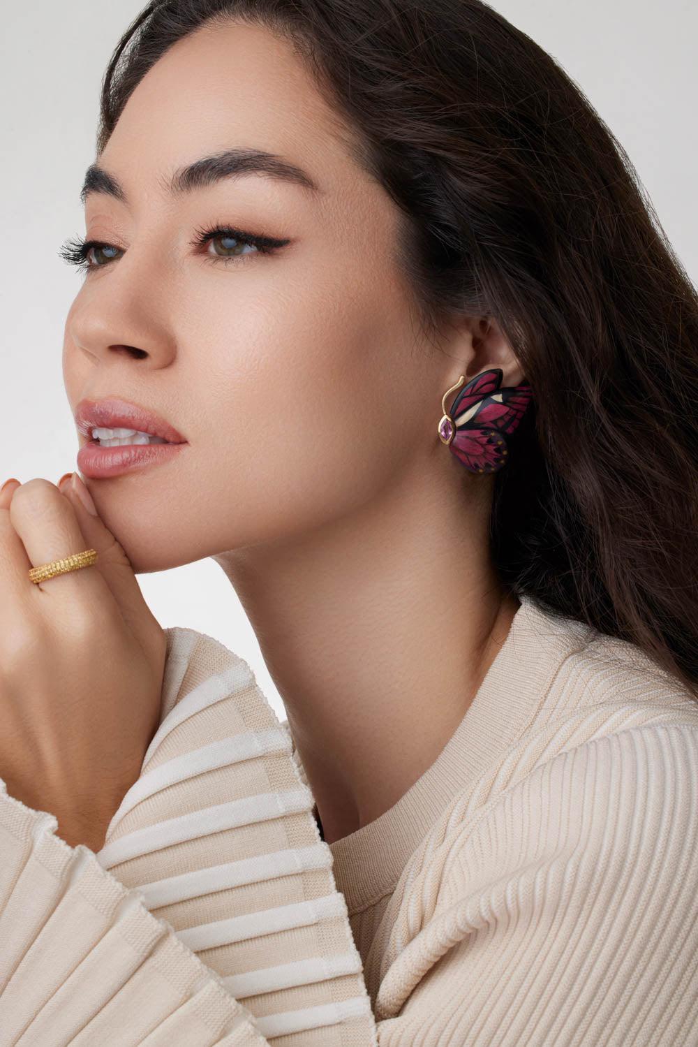 Pink Sapphire Butterfly Marquetry Earrings-YELLOW GOLD-JEWELRYFINE JEWELEARRING-SILVIA FURMANOVICH