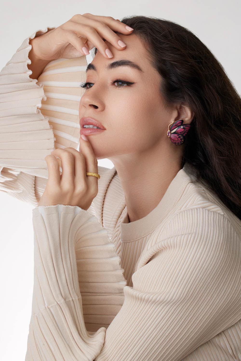 Pink Sapphire Butterfly Marquetry Earrings-YELLOW GOLD-JEWELRYFINE JEWELEARRING-SILVIA FURMANOVICH