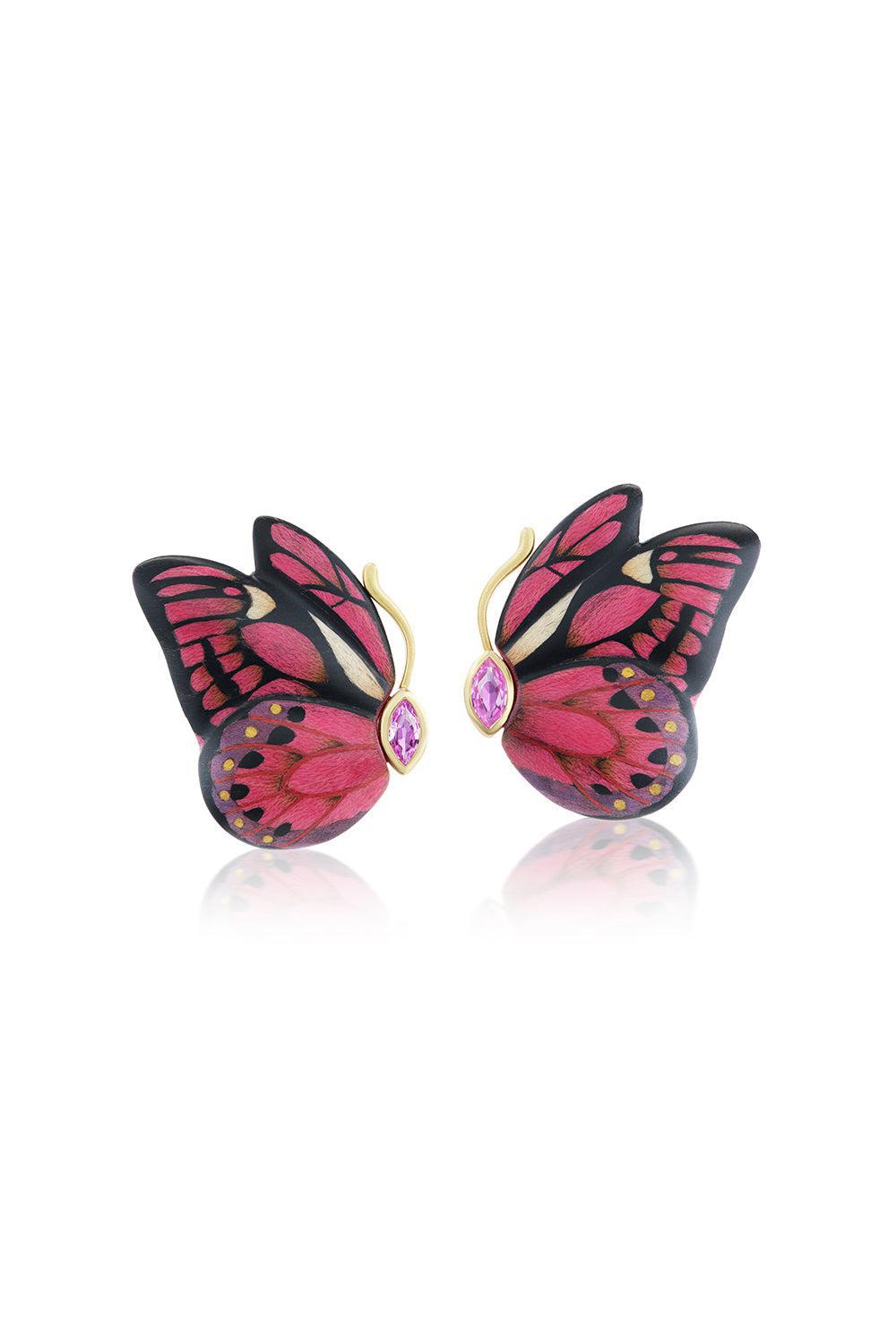 Pink Sapphire Butterfly Marquetry Earrings-YELLOW GOLD-JEWELRYFINE JEWELEARRING-SILVIA FURMANOVICH