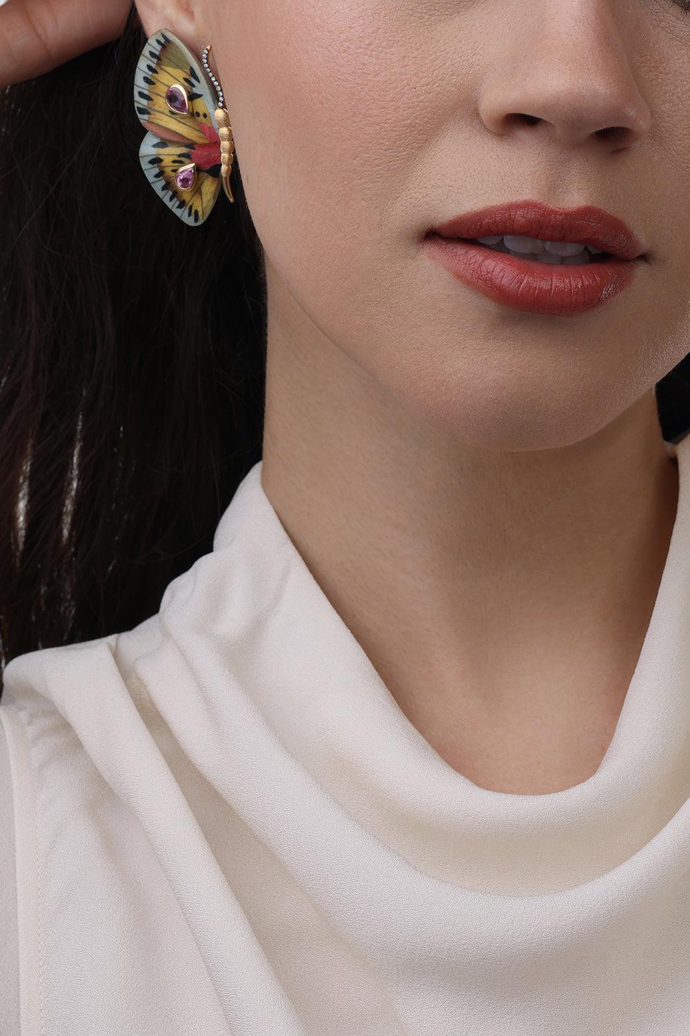 Rose Sapphire Butterfly Marquetry Earrings-YELLOW GOLD-JEWELRYFINE JEWELEARRING-SILVIA FURMANOVICH