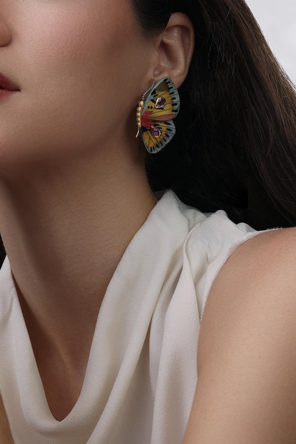 Rose Sapphire Butterfly Marquetry Earrings-YELLOW GOLD-JEWELRYFINE JEWELEARRING-SILVIA FURMANOVICH