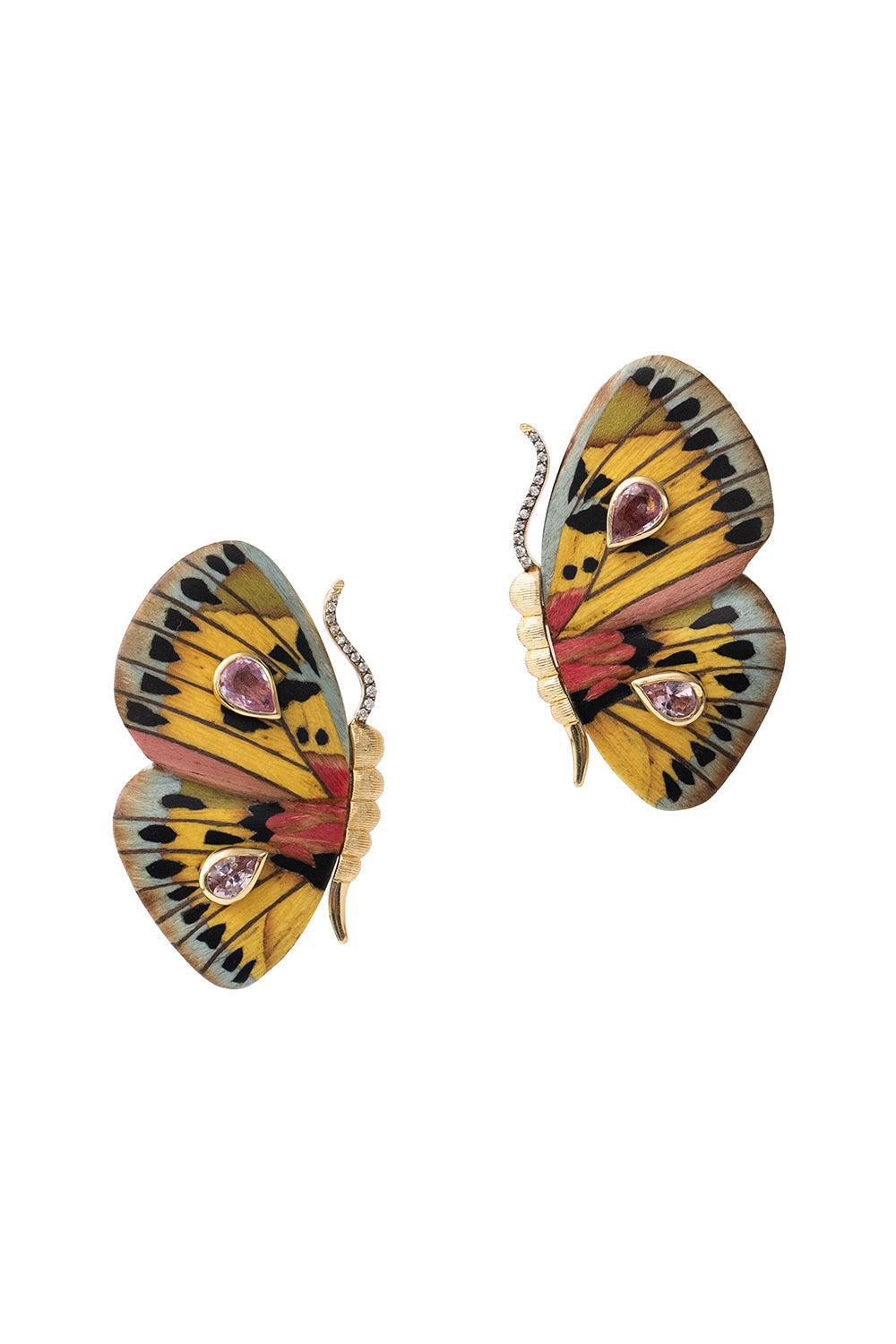 Rose Sapphire Butterfly Marquetry Earrings-YELLOW GOLD-JEWELRYFINE JEWELEARRING-SILVIA FURMANOVICH