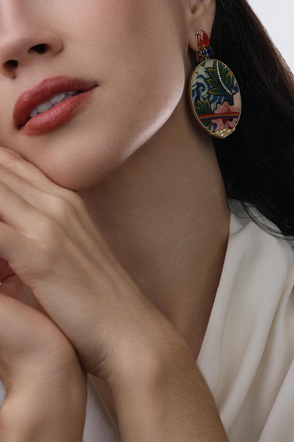 Tibetan Rainbow Oval Marquetry Earrings-YELLOW GOLD-JEWELRYFINE JEWELEARRING-SILVIA FURMANOVICH