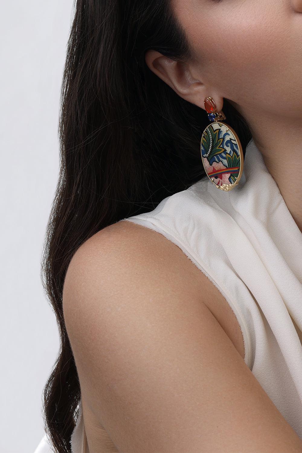 Tibetan Rainbow Oval Marquetry Earrings-YELLOW GOLD-JEWELRYFINE JEWELEARRING-SILVIA FURMANOVICH