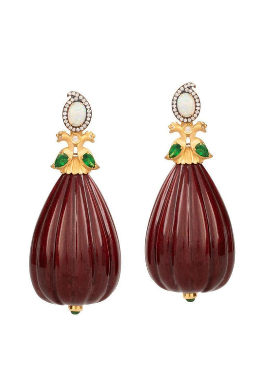Tsavorite Opal Burgundy Lacquered Marquetry Wavey Teardrop Earrings-YELLOW GOLD-JEWELRYFINE JEWELEARRING-SILVIA FURMANOVICH