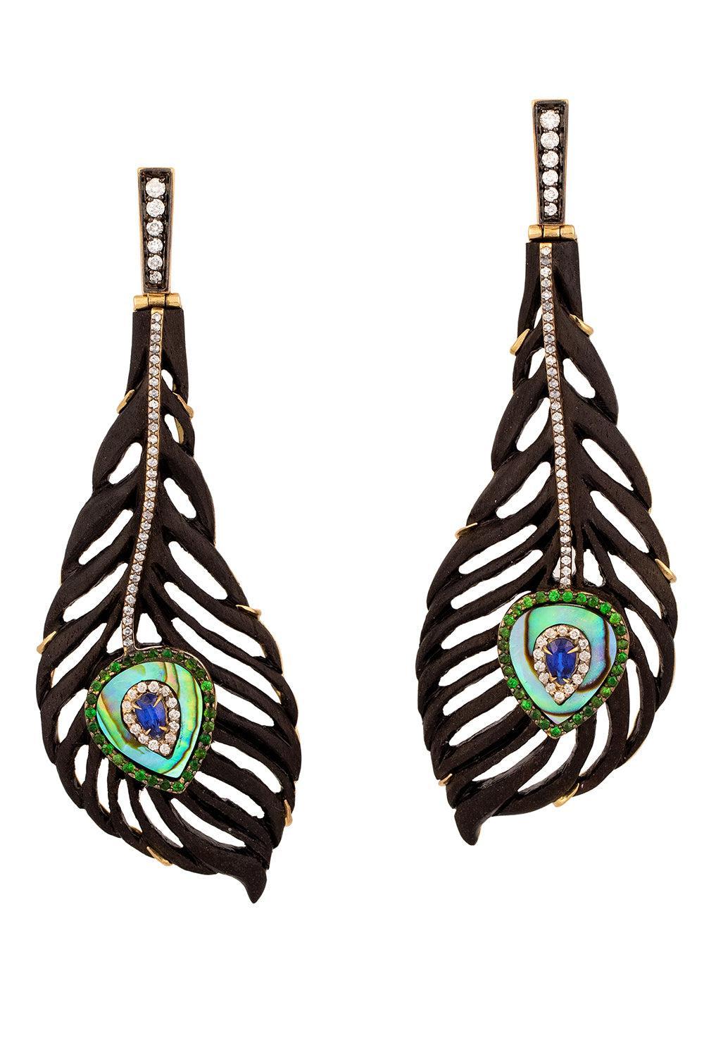 Tsavorite Peacock Carved Brauna Wood Earrings-YELLOW GOLD-JEWELRYFINE JEWELEARRING-SILVIA FURMANOVICH