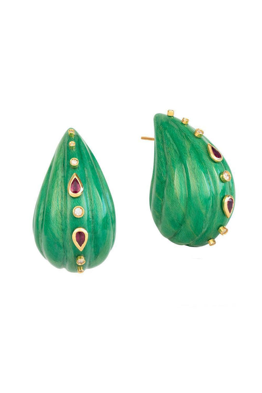 Turquoise Lacquered Marquetry Wavey Teardrop Earrings-YELLOW GOLD-JEWELRYFINE JEWELEARRING-SILVIA FURMANOVICH