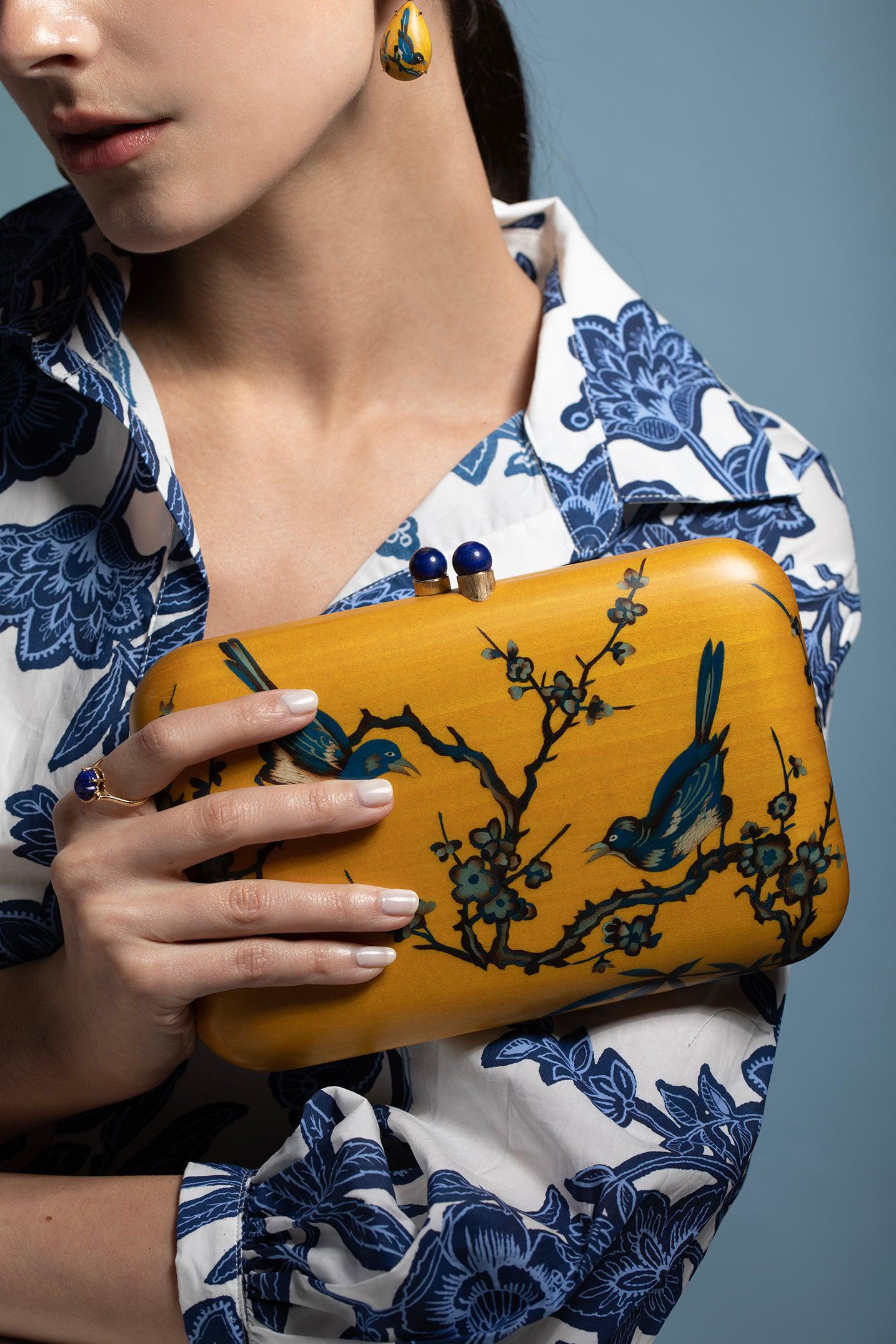SILVIA FURMANOVICH-Blue Bird Marquetry Clutch-YELLOW GOLD