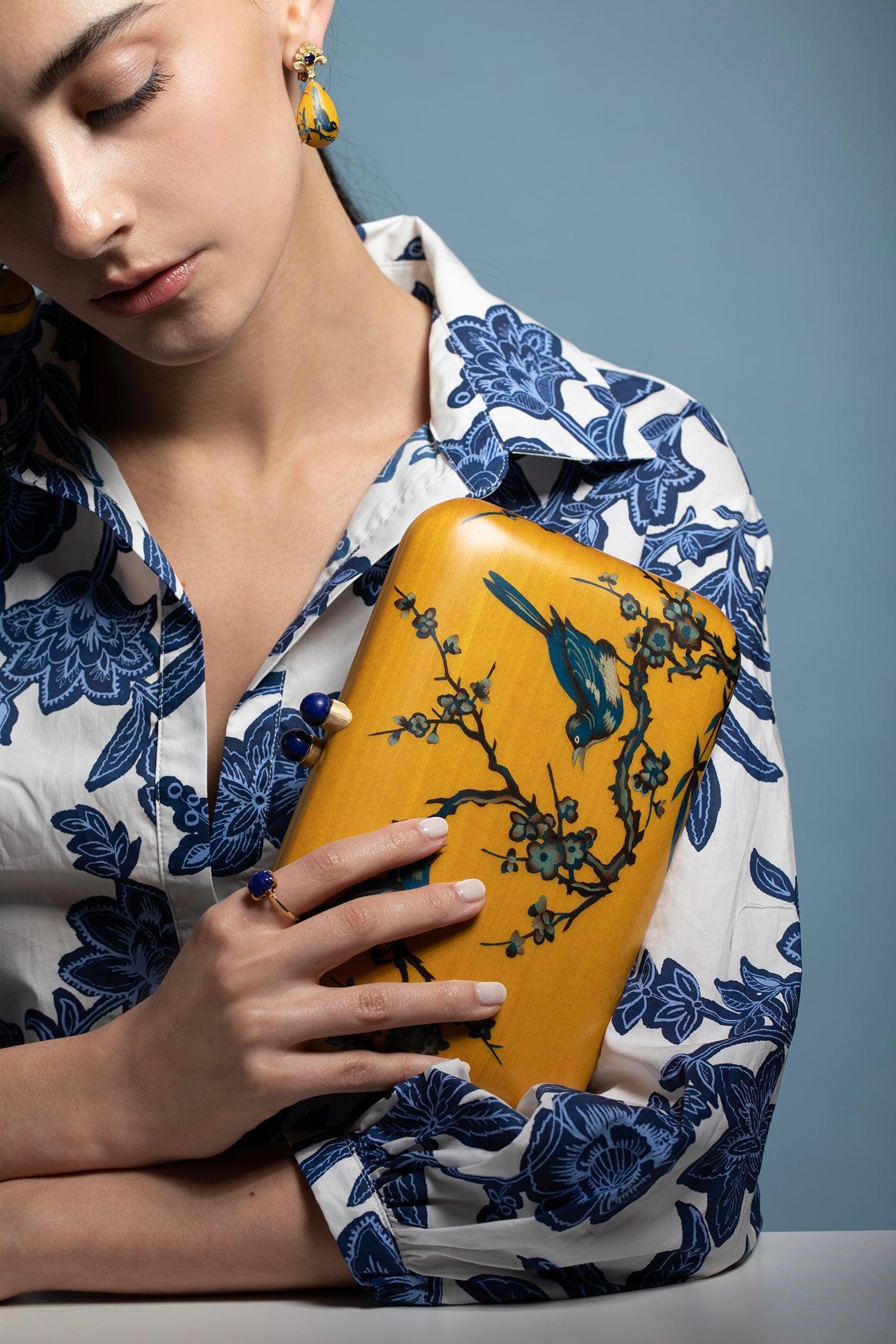 SILVIA FURMANOVICH-Blue Bird Marquetry Clutch-YELLOW GOLD
