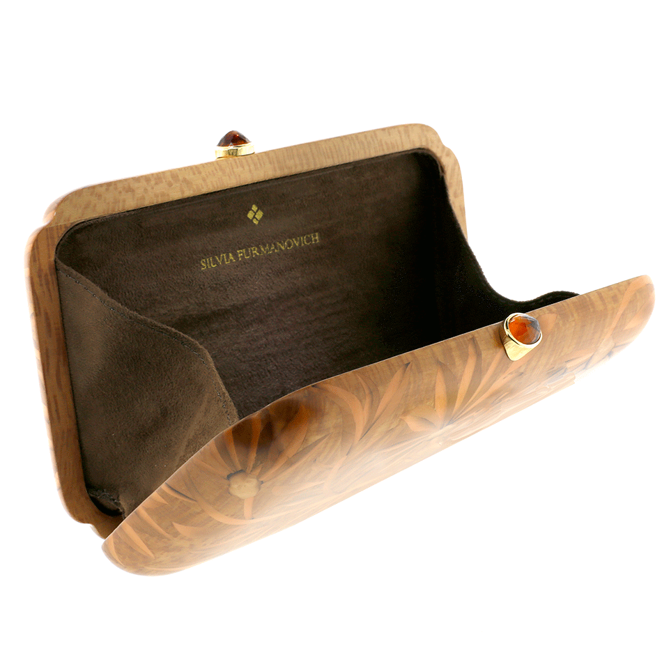 SILVIA FURMANOVICH-Marquetry Brown Floral Clutch-YELLOW GOLD