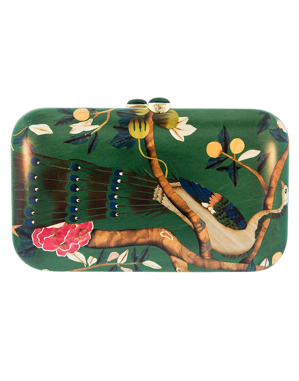 SILVIA FURMANOVICH-Marquetry Green Peacock Clutch-YELLOW GOLD