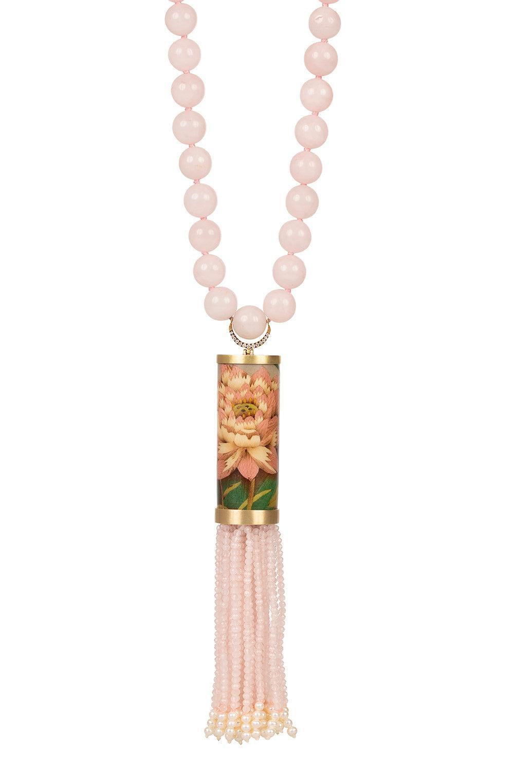 Rose Quartz Pearl Cylinder Necklace-YELLOW GOLD-JEWELRYFINE JEWELNECKLACE O-SILVIA FURMANOVICH