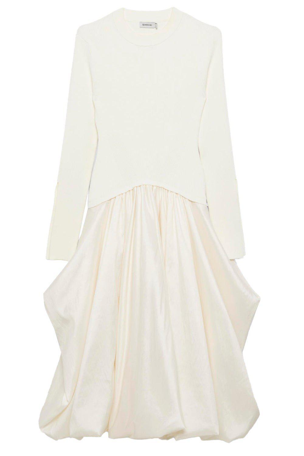 simkhai ivory dress SIMKHAI Kenlie Mixed Media Bubble Midi Dress Ivory Women's