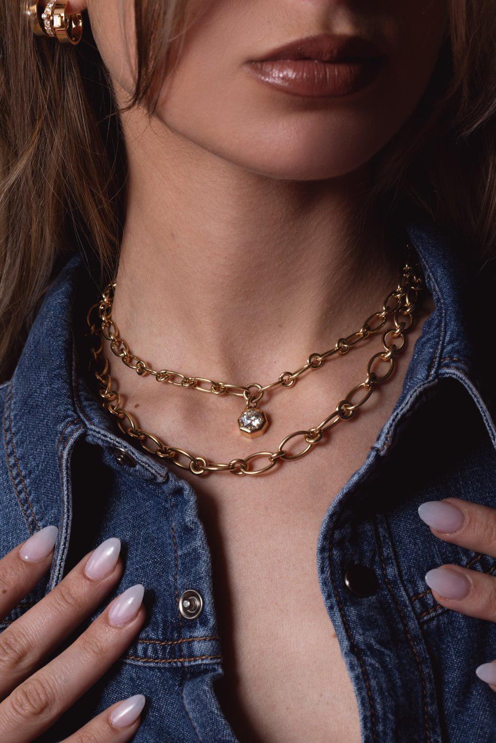 SINGLE STONE-Crew Necklace-YELLOW GOLD