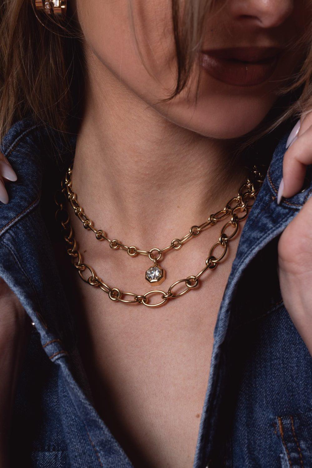SINGLE STONE-Crew Necklace-YELLOW GOLD