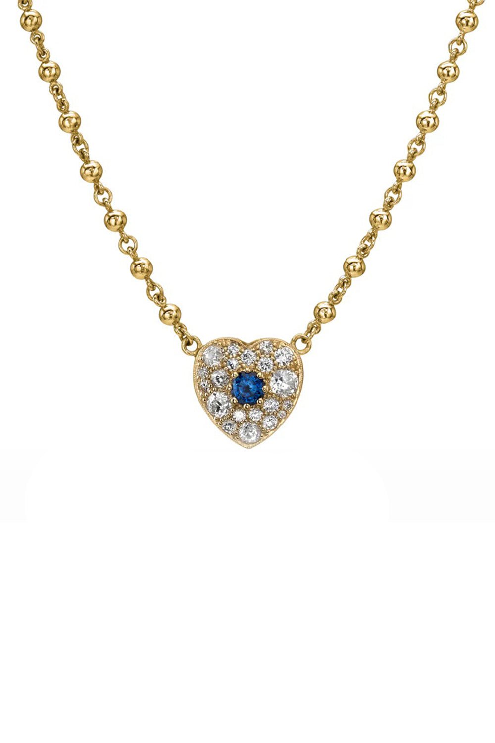 SINGLE STONE-Small Blue Sapphire Cobblestone Heart Necklace-YELLOW GOLD