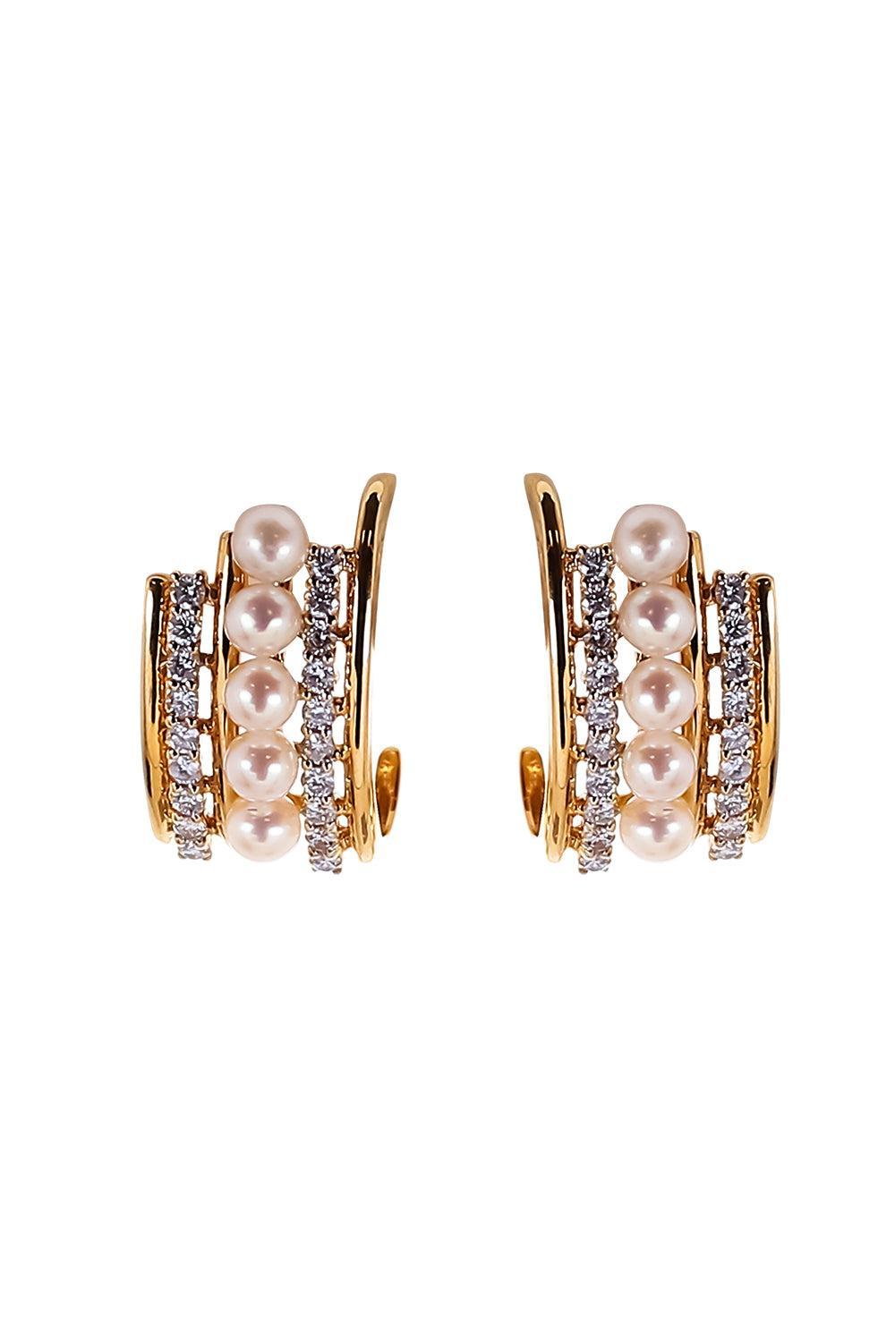 Diamond Pearl Huggie Hoop Earrings-YELLOW GOLD-JEWELRYFINE JEWELEARRING-SOFIA LAROUSSI