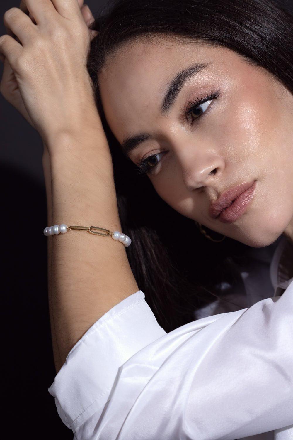 SORELLINA-Beaded Paperclip Bracelet-YELLOW GOLD