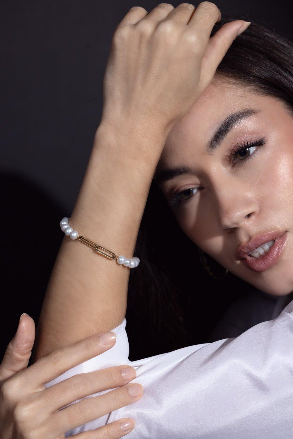 SORELLINA-Beaded Paperclip Bracelet-YELLOW GOLD