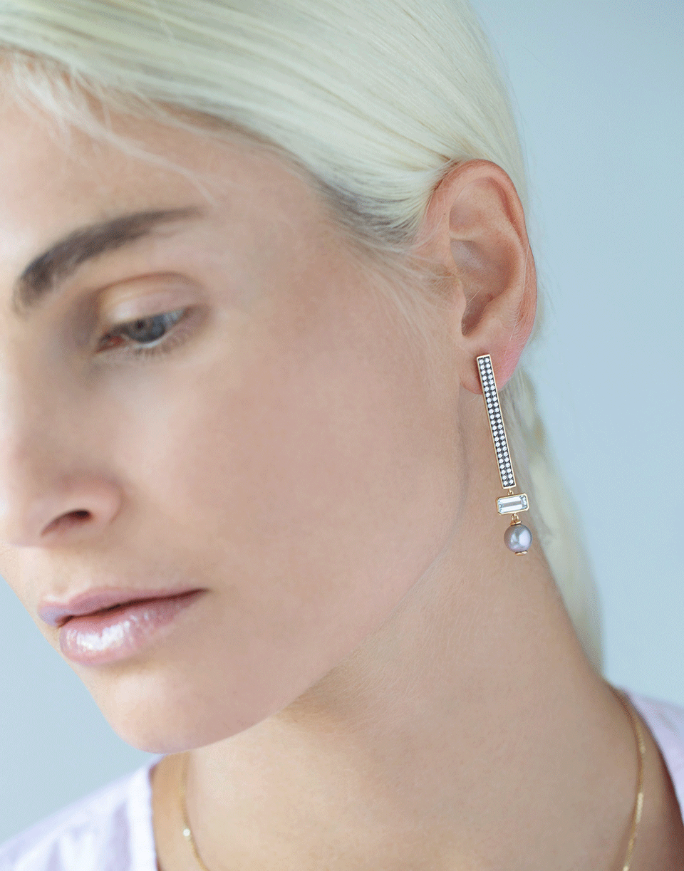 SORELLINA-Aquamarine, Pearl and Diamond Stick Earrings-YELLOW GOLD