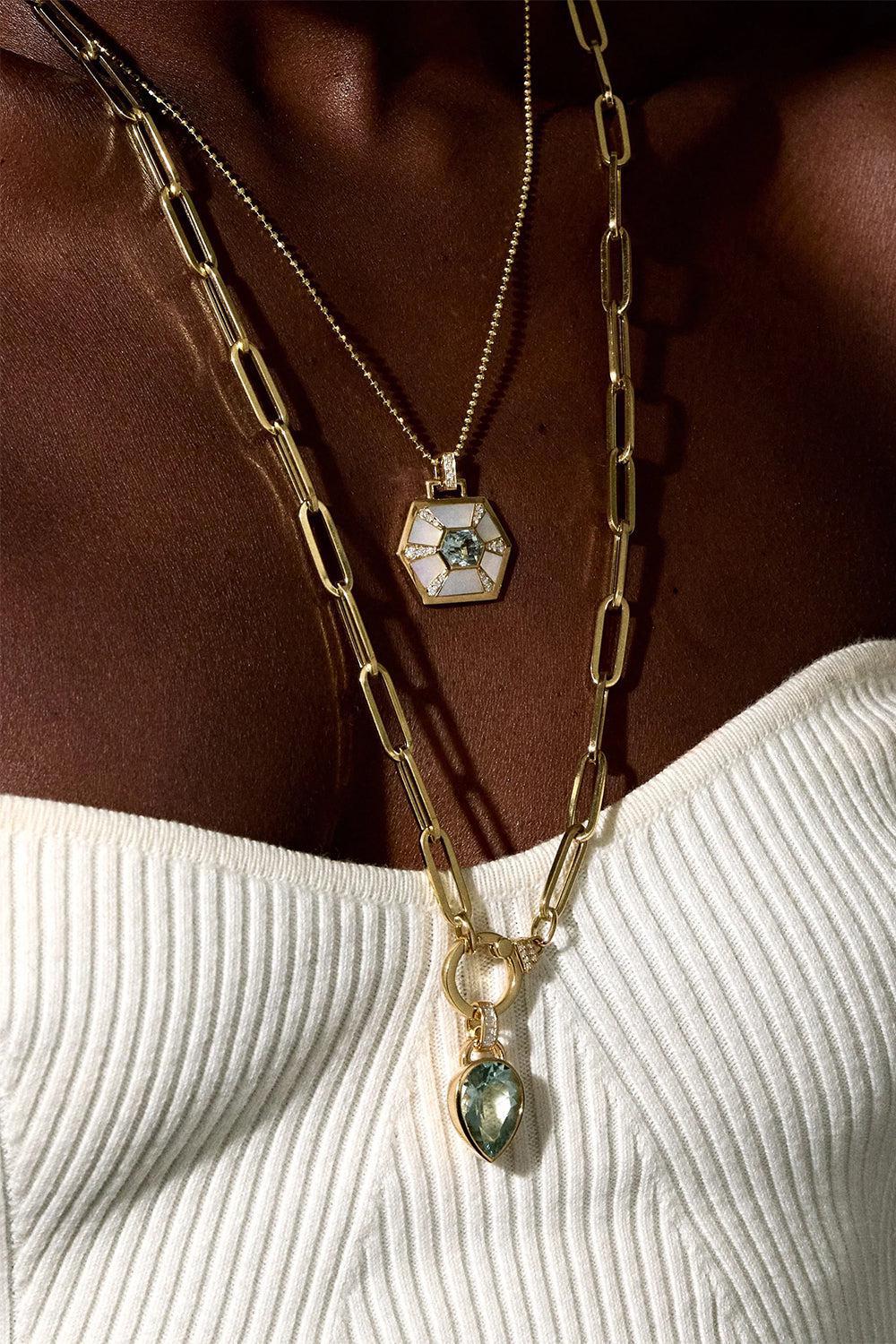 Mother of Pearl Aquamarine Diamond Nomad Pendant-YELLOW GOLD-JEWELRYFINE JEWELPENDANT-SORELLINA