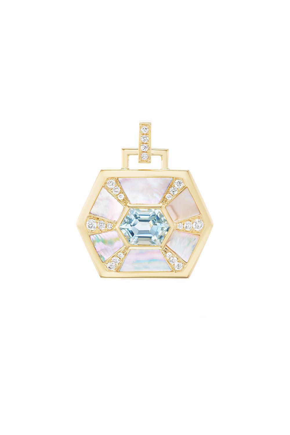 Mother of Pearl Aquamarine Diamond Nomad Pendant-YELLOW GOLD-JEWELRYFINE JEWELPENDANT-SORELLINA