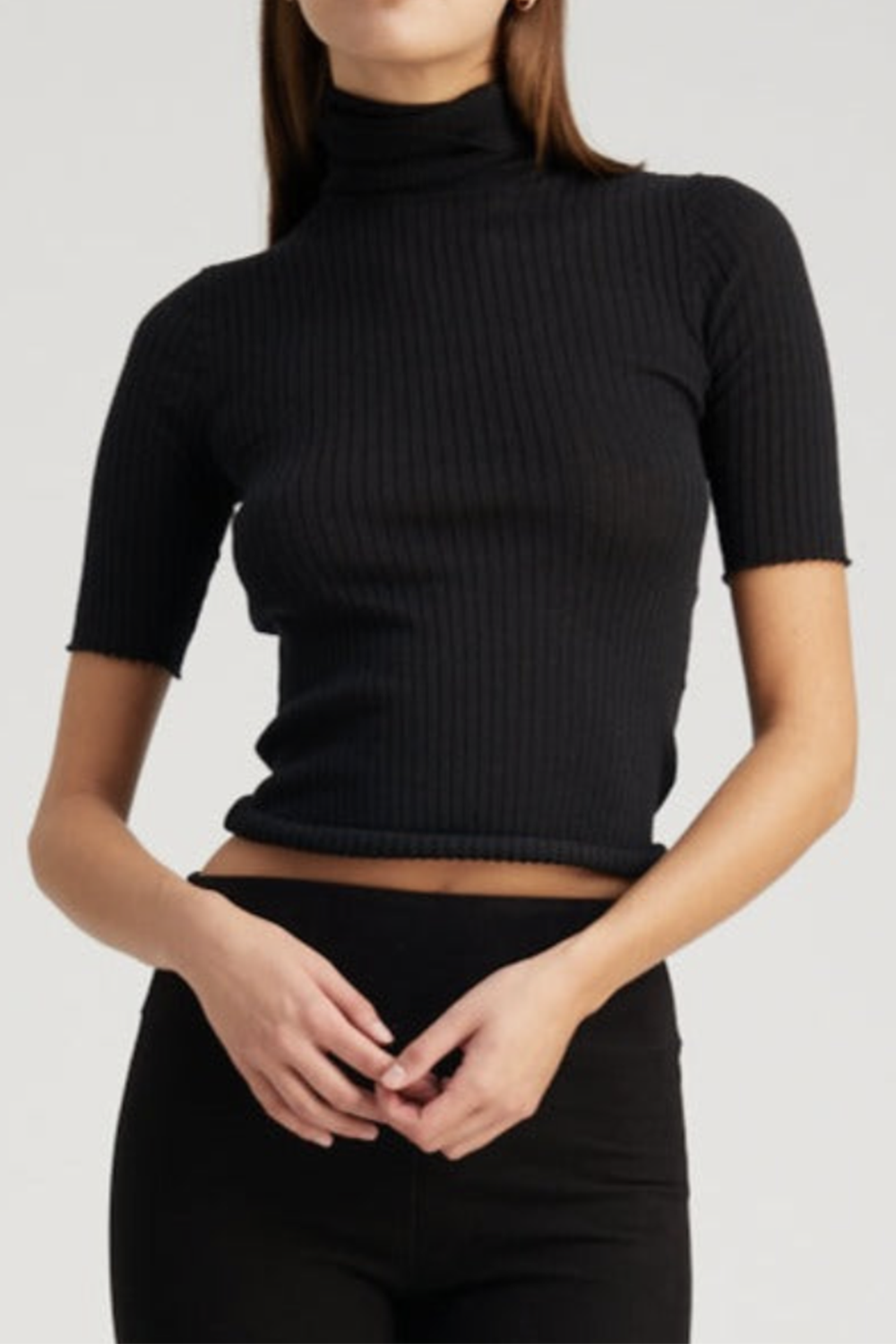 Short Sleeve Turtle Neck Top - Black-BLACK-XS-CLOTHINGTOPKNITS-SPRWMN