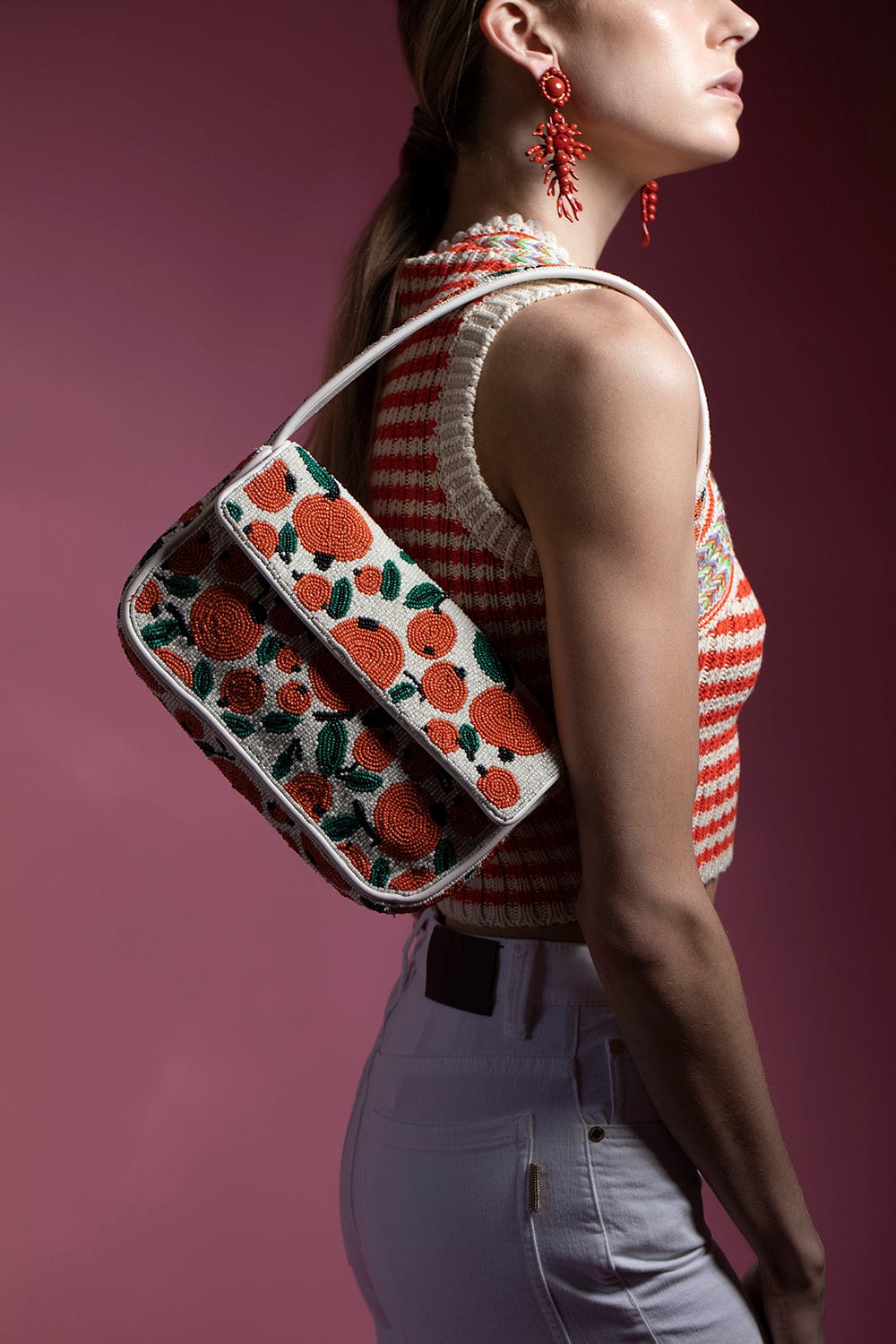 STAUD-Beaded Shoulder Bag-ORANGE CREAM