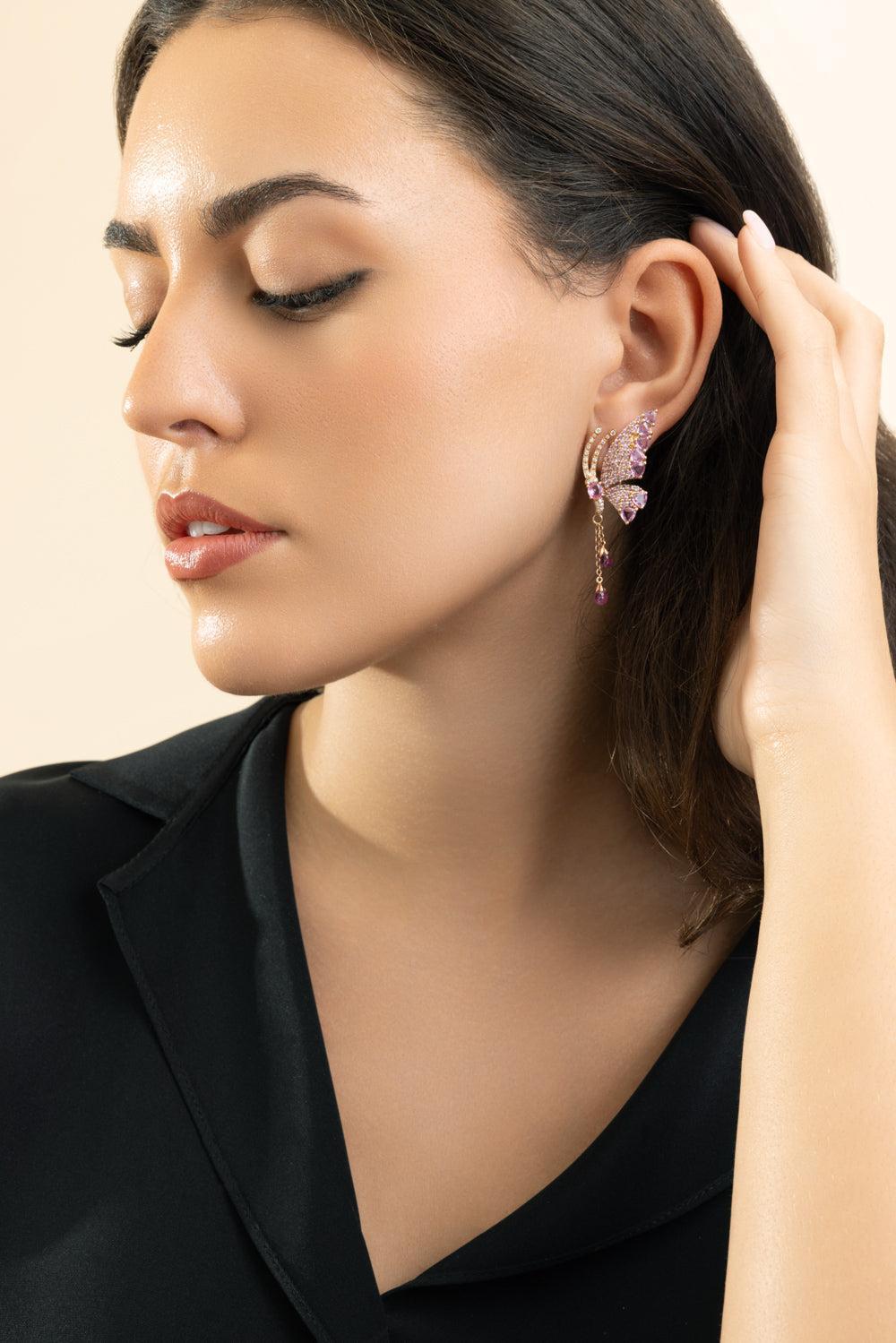 Pink Sapphire Butterfly Earrings-ROSE GOLD-JEWELRYFINE JEWELEARRING-STEFERE