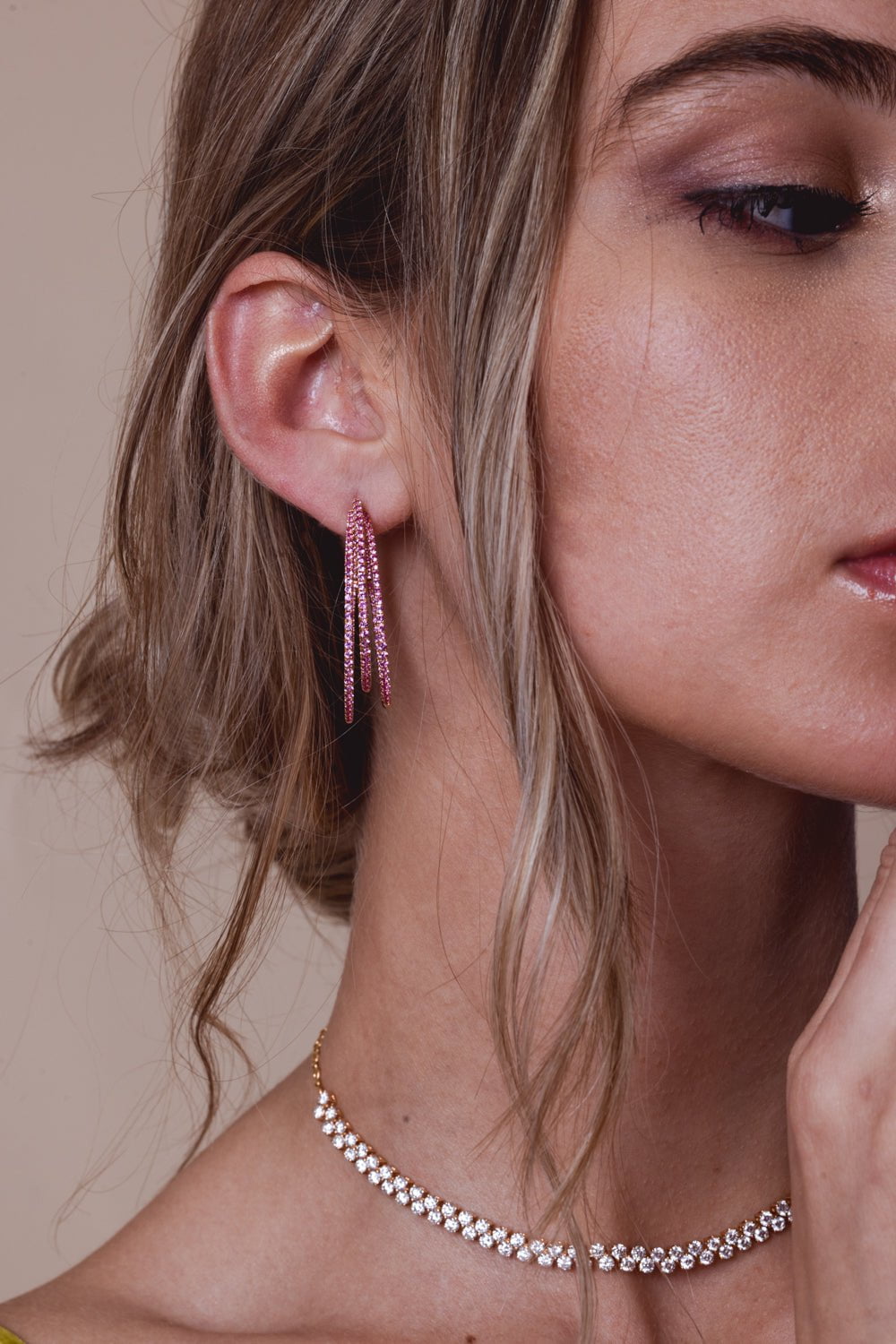 STEFERE-Pink Sapphire Triple Hoop Earrings-ROSE GOLD