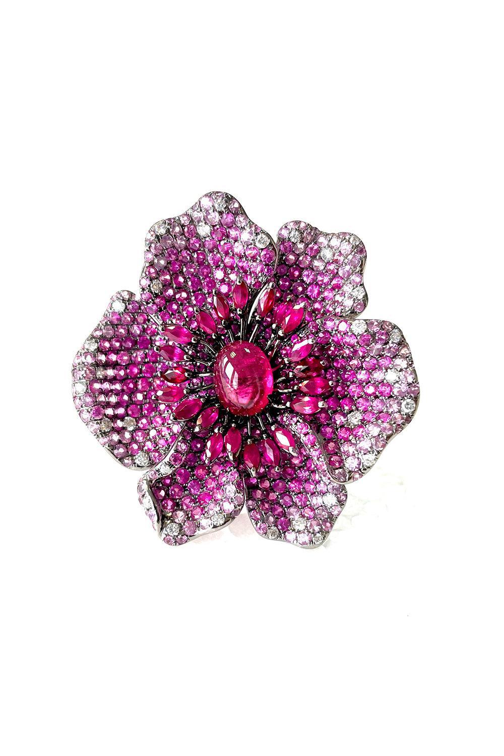 Pink Sapphire Tourmaline Ruby Flower Ring-WHITE GOLD-7.5-JEWELRYFINE JEWELEARRING-STEFERE