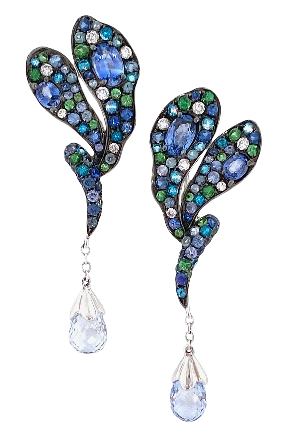 Blue Sapphire Diamond Garnet Drop Earrings-WHITE GOLD-JEWELRYFINE JEWELEARRING-STEFERE