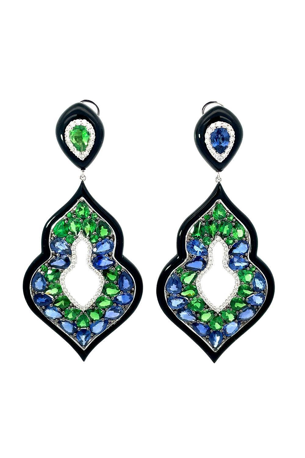 Blue sapphire Tsavorite Diamond Hoop Earrings-WHITE GOLD-JEWELRYFINE JEWELEARRING-STEFERE
