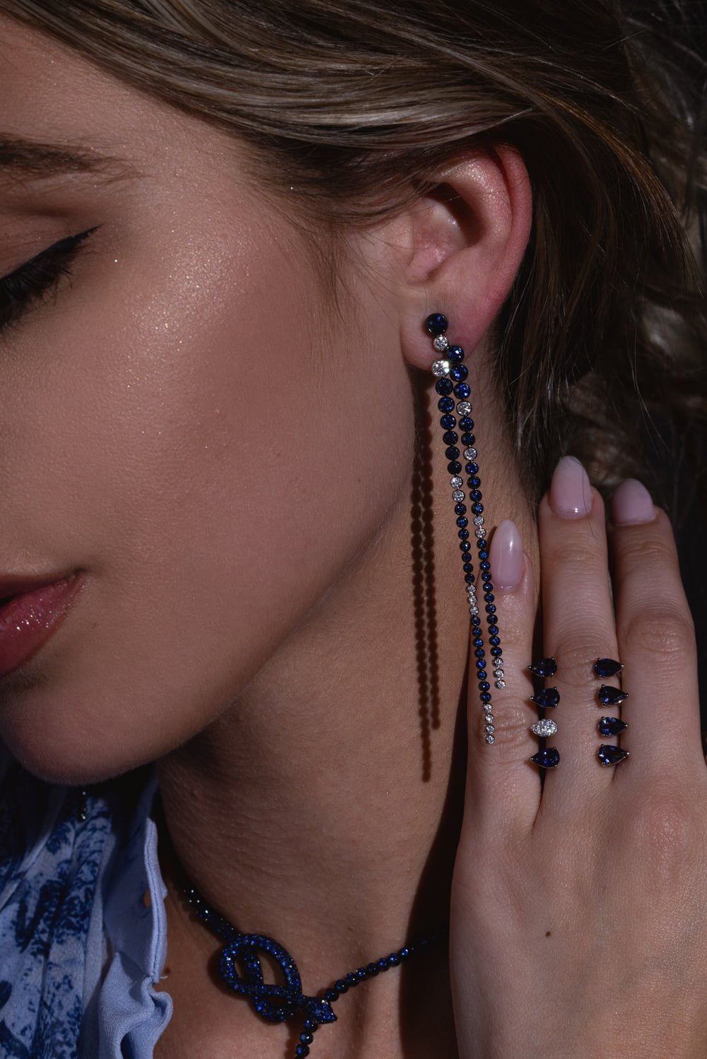 STEFERE-Diamond Sapphire Long Line Earrings-WHITE GOLD