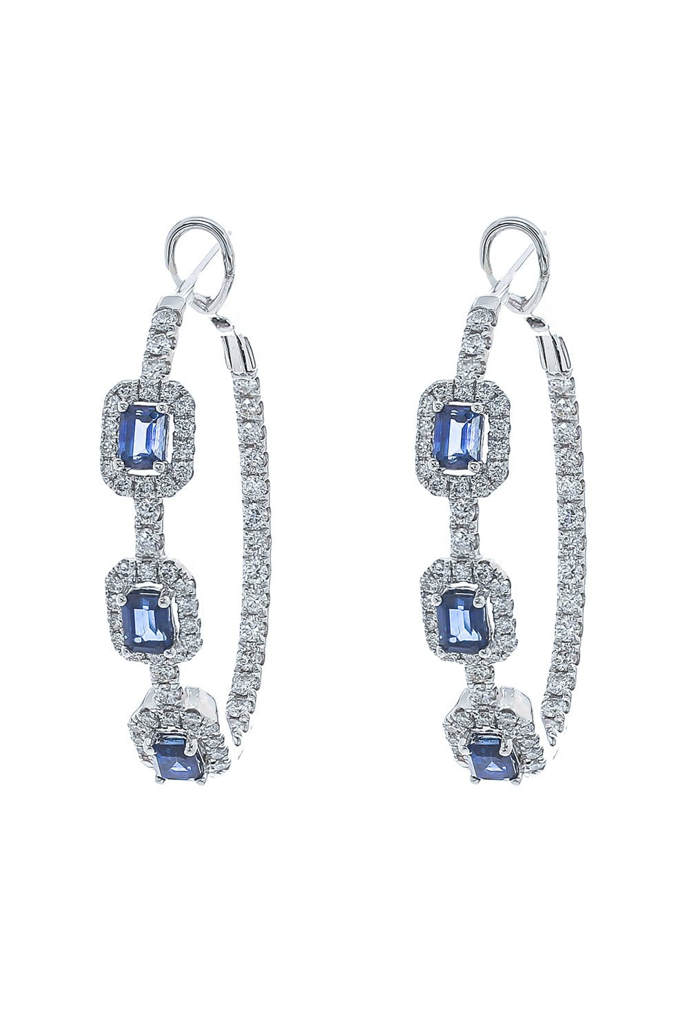 STEFERE-Square Diamond Sapphire Hoop Earrings-WHITE GOLD