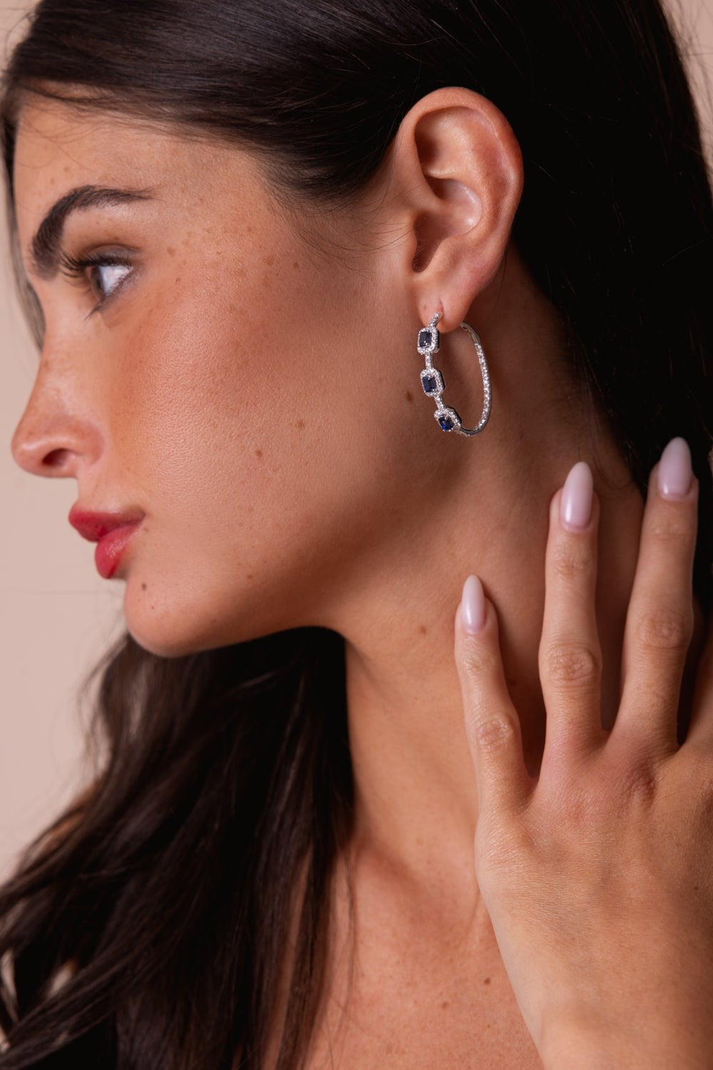 STEFERE-Square Diamond Sapphire Hoop Earrings-WHITE GOLD