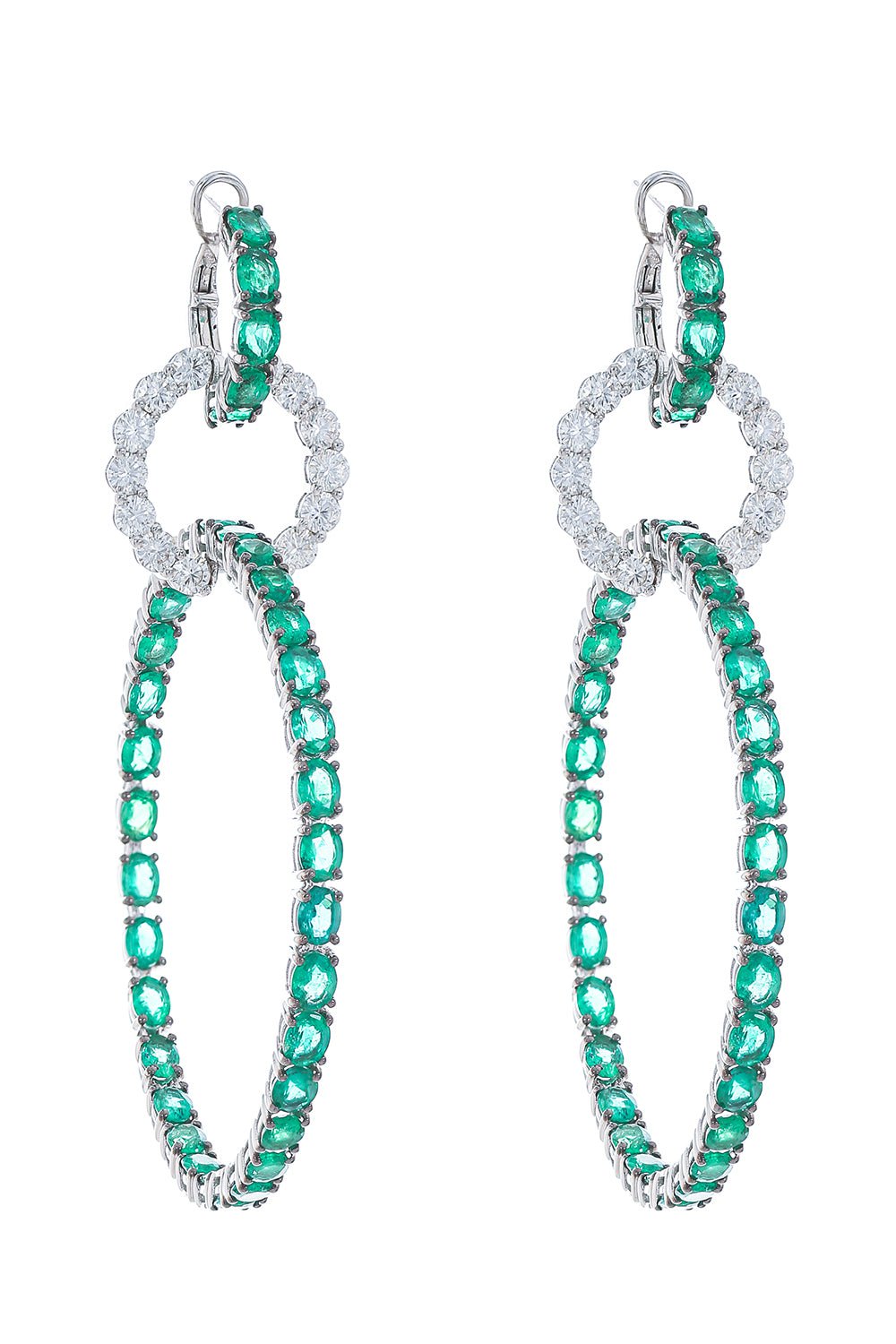 STEFERE-Emerald Diamond Drop Hoop Earrings-WHITE GOLD