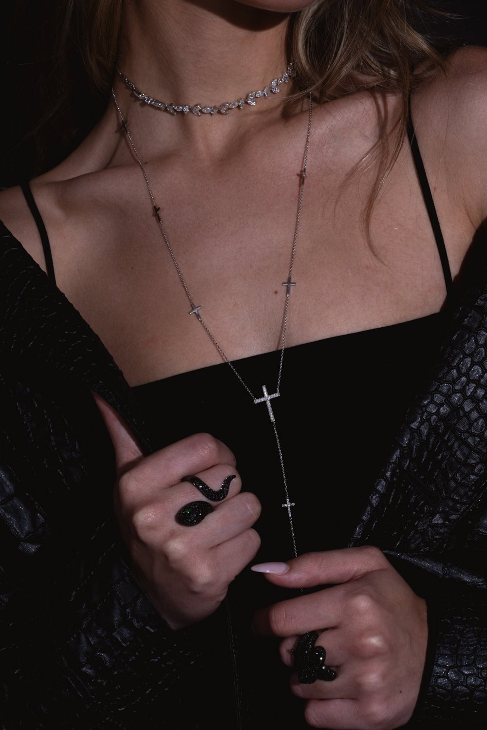 STEFERE-Diamond Cross Long Drop Necklace-WHITE GOLD