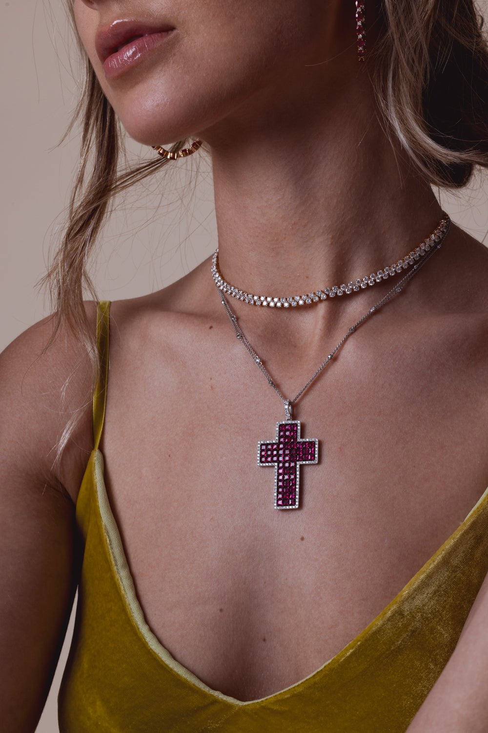 STEFERE-Diamond Ruby Cross Pendant Necklace-WHITE GOLD