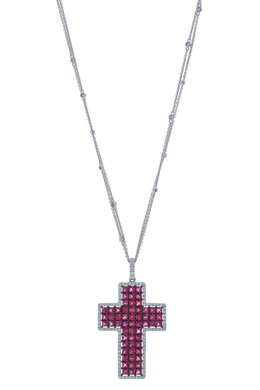 STEFERE-Diamond Ruby Cross Pendant Necklace-WHITE GOLD
